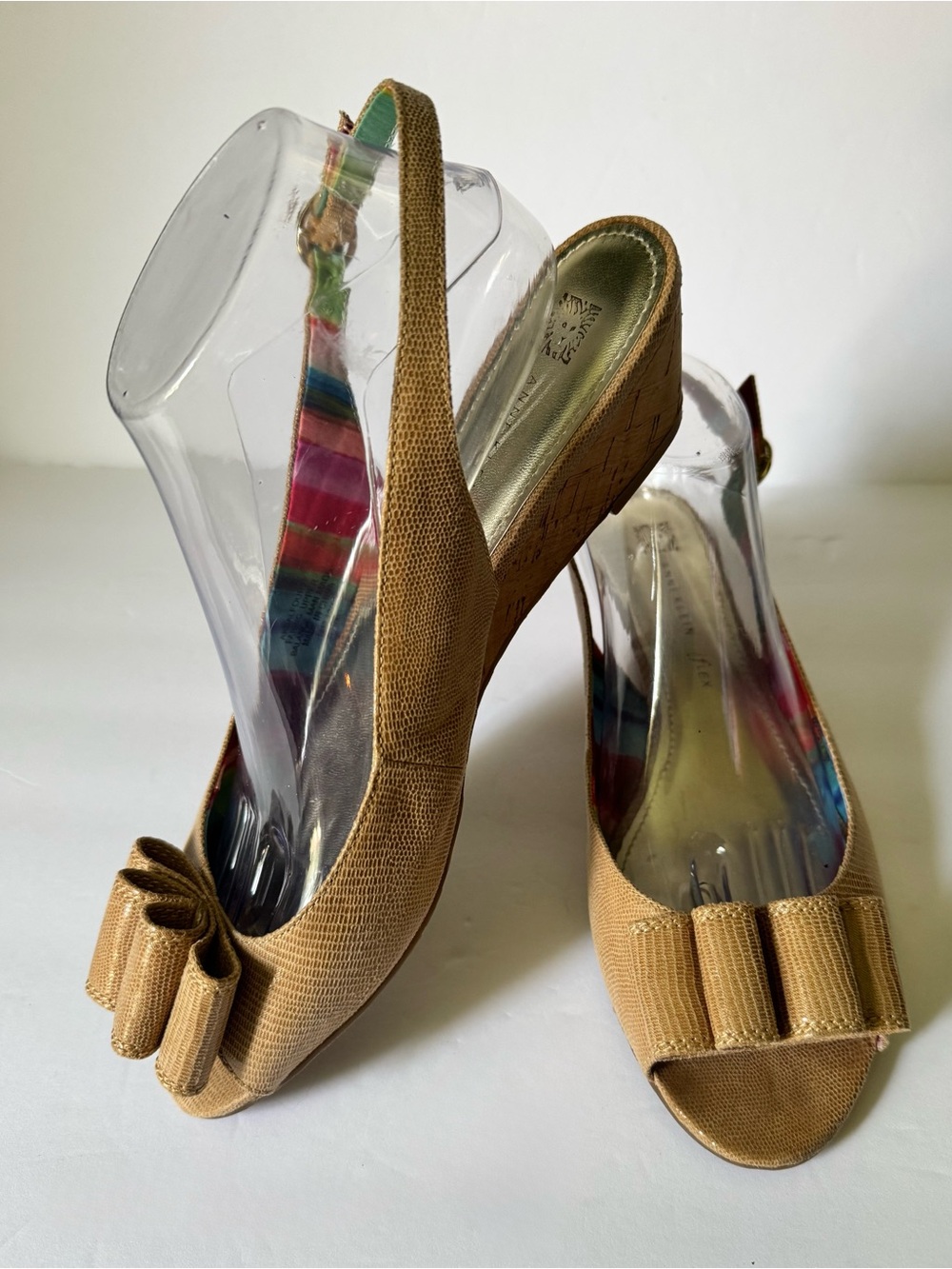 Anne Klein Womens 10 Tan Fabric Upper Wedge Heel Peep Toe Bow
